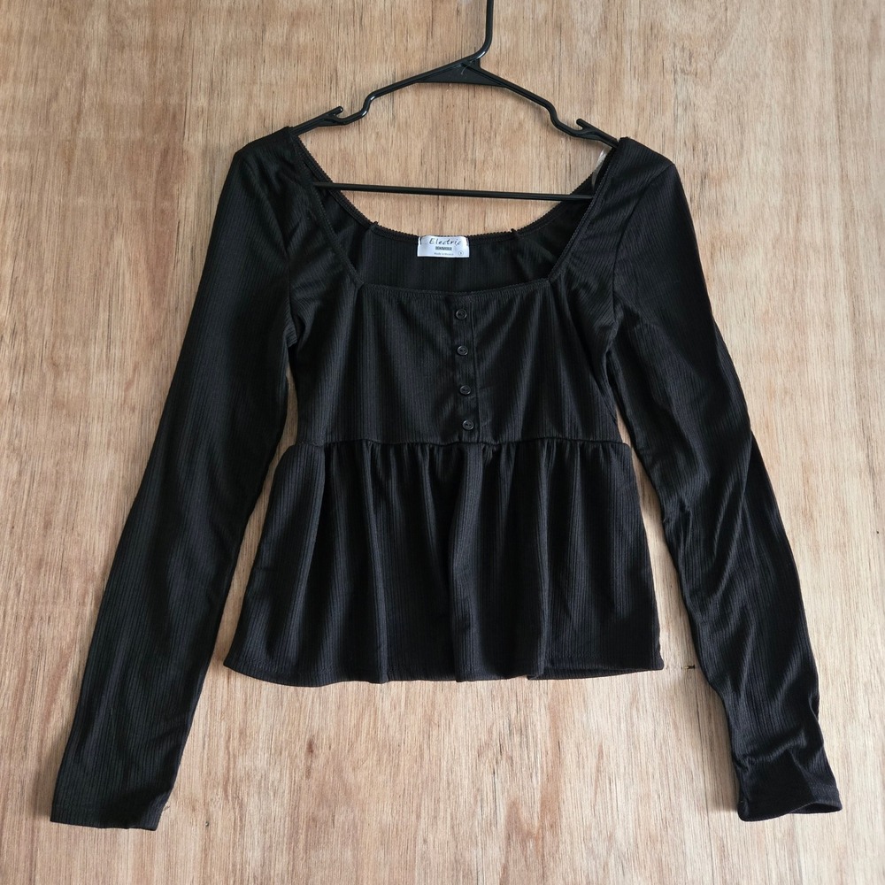 Electric Behaviour Black Ribbed Peplum Top Babydoll Square Neck Small Y2K